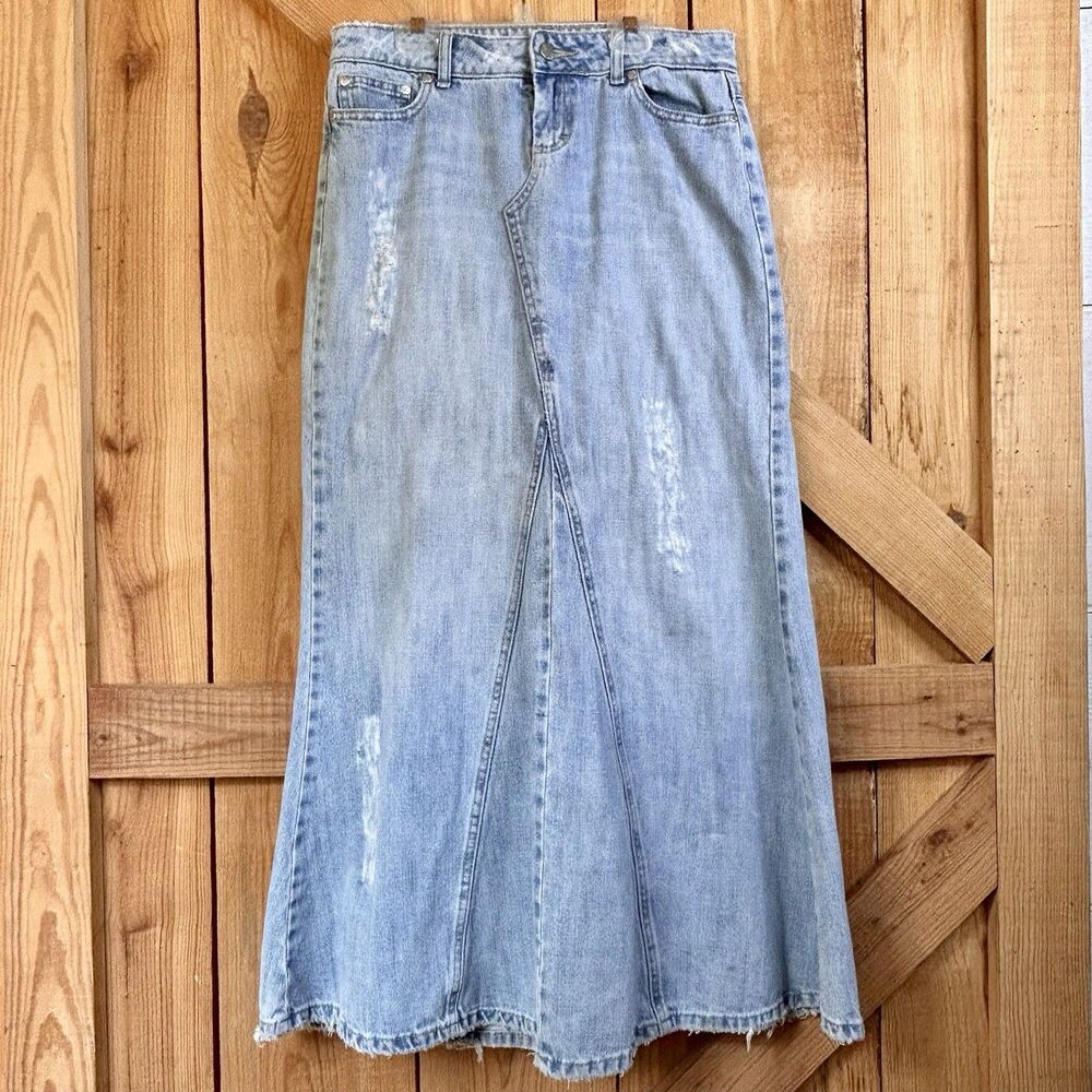 100% Cotton Younique Denim Maxi Jean Skirt Size 7 A‐Line Distressed Modest Y2K